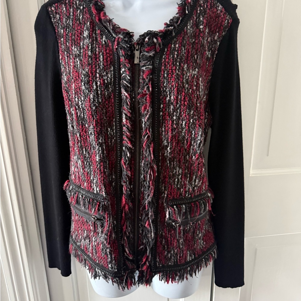 NWOT Vintage Cache Black and Red Tweed Zip-Front Cardigan